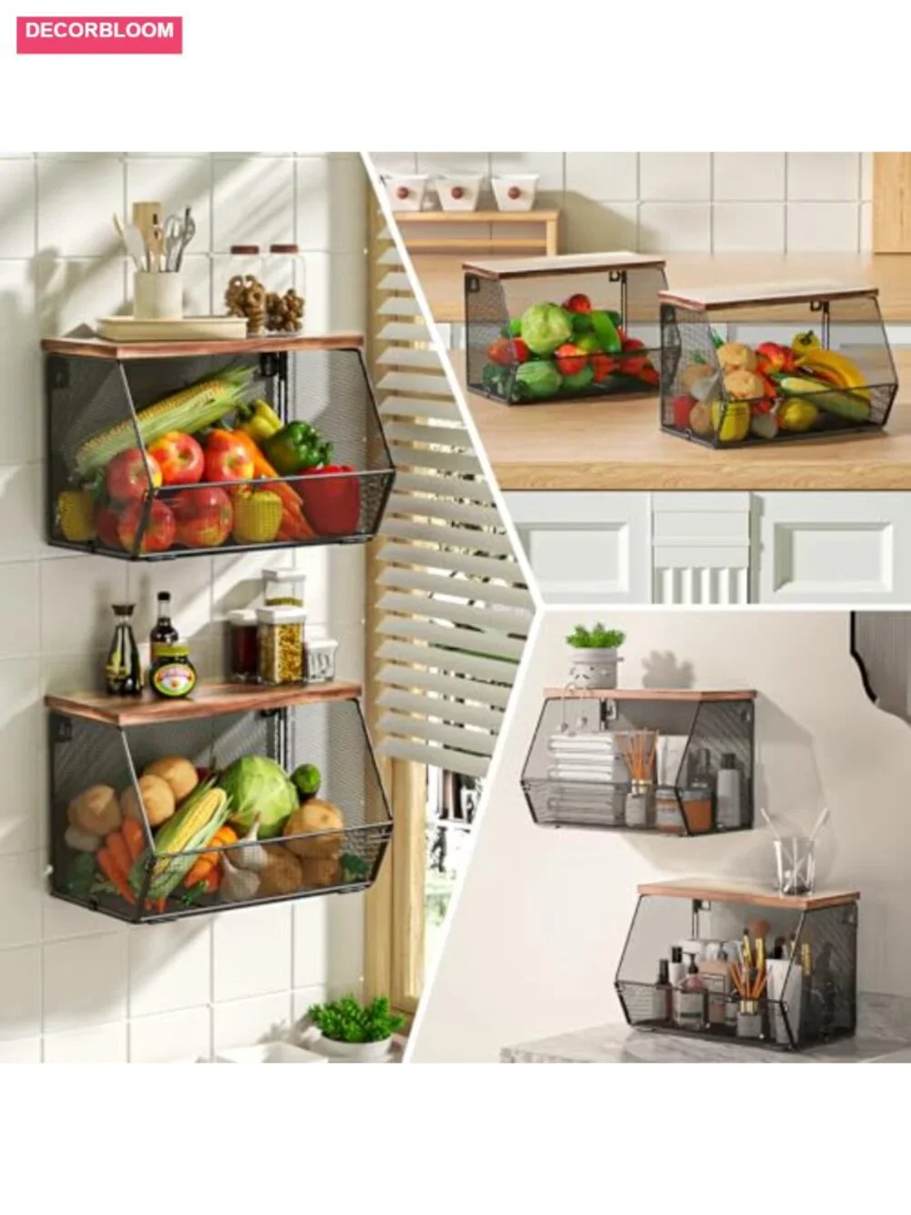 Wire Fruit Basket with Wood Lid Wall Mounted Stackable Kitchen Storage 3 Pack